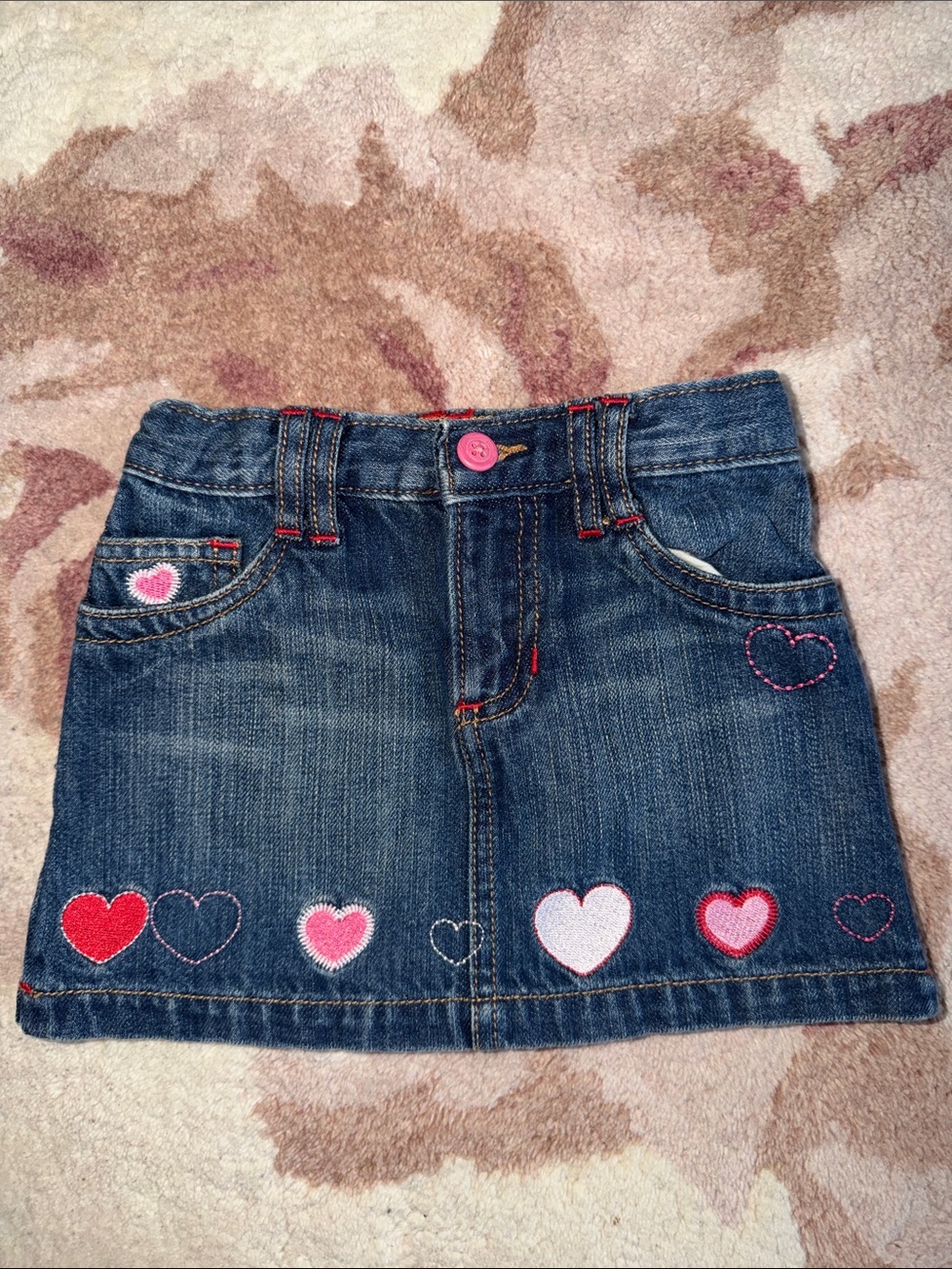 Old Navy Dark Blue Denim Skirt with Pink & Red Heart Embroidered Accents
